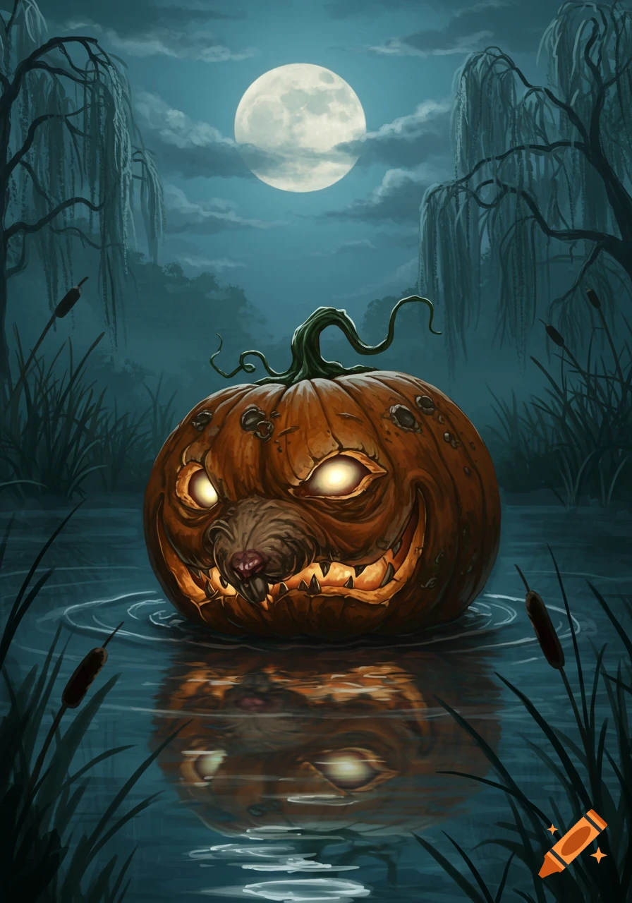 A spooky jack-o'-lantern carved with a rat's face floats on dark water under a full moon in a swampy night scene, digital illustration.