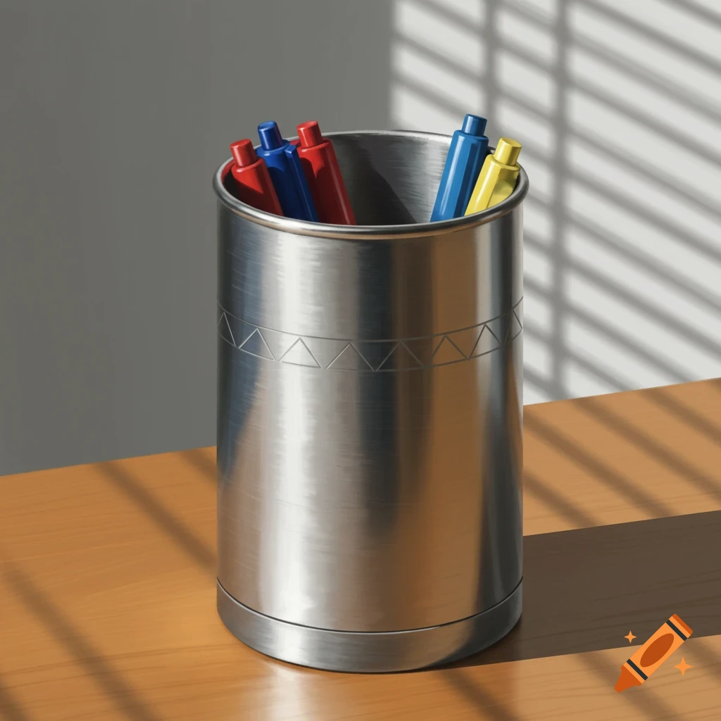 A silver metallic pen holder filled with red, blue, and yellow pens sits on a wooden desk with shadows from window blinds.