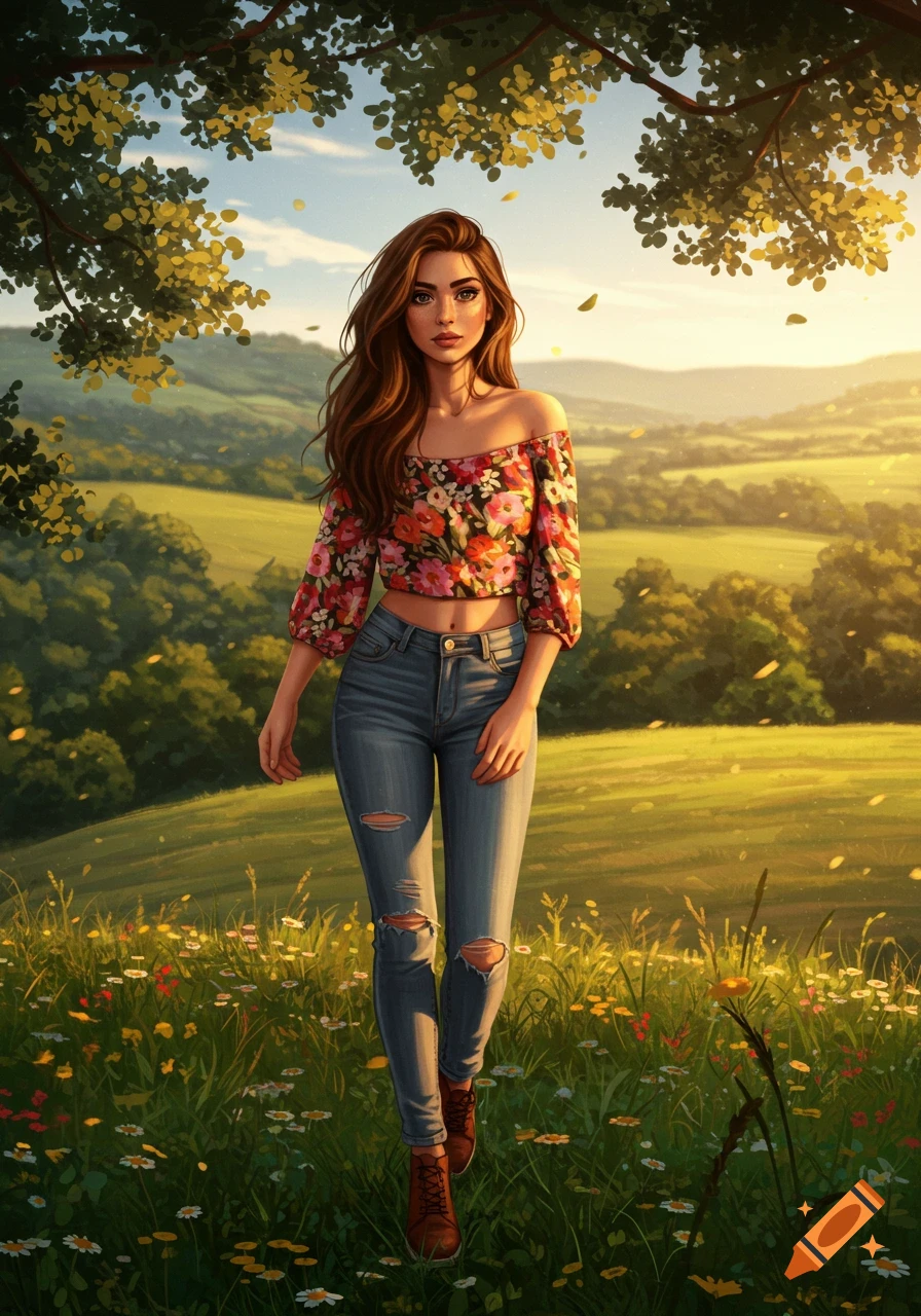 Digital art of a woman with long brown hair in a floral top and ripped jeans, walking in a sunlit grassy field with wildflowers.