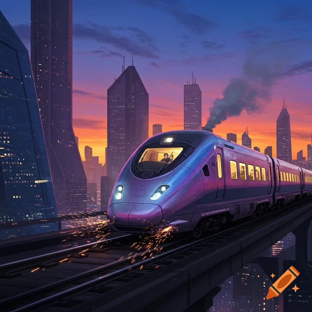 A sleek, iridescent futuristic train speeds through a vibrant city at sunset, with sparks flying from its wheels on the elevated tracks.