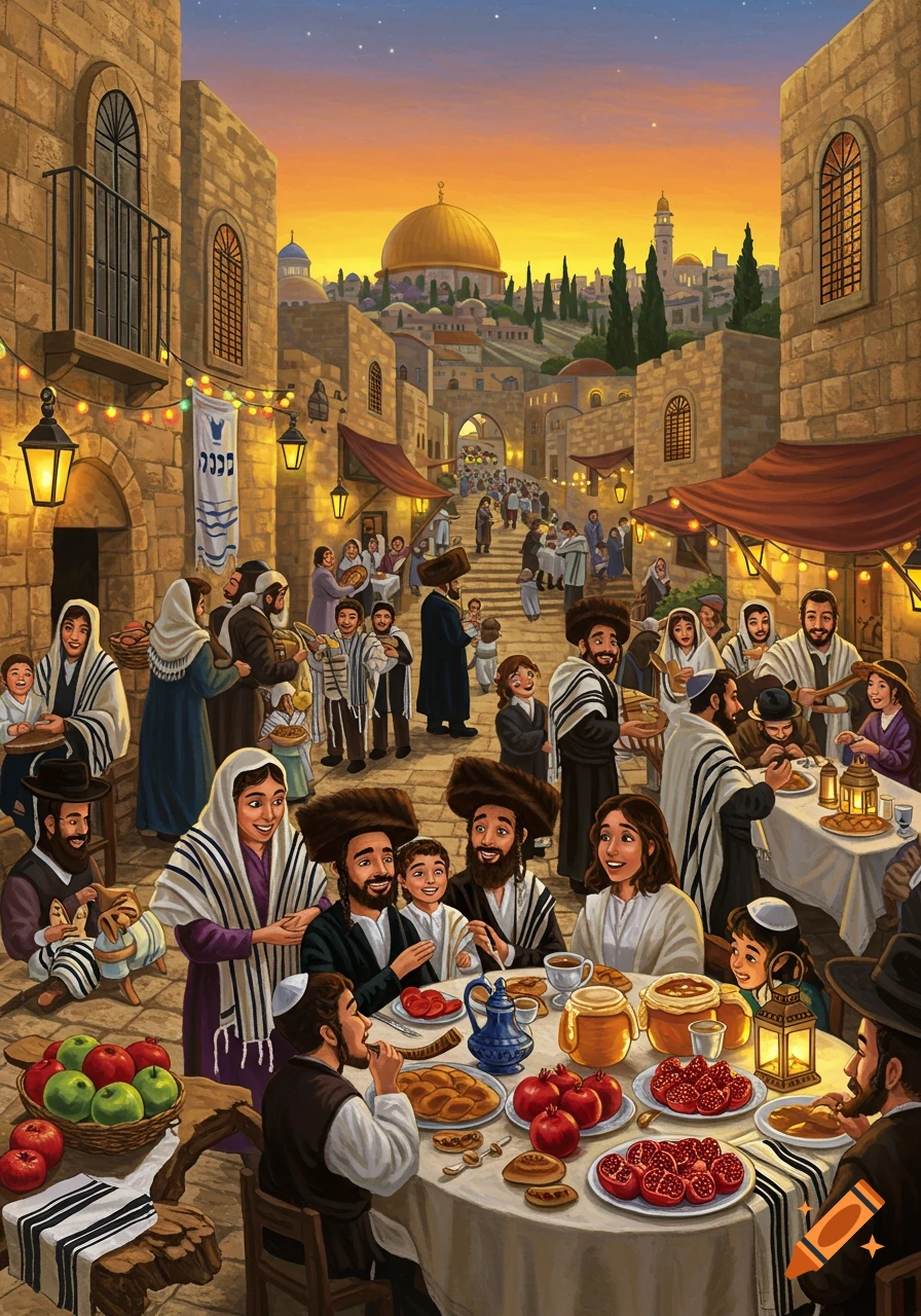 Detailed illustration of people celebrating Rosh Hashanah in an old city street at sunset, with traditional food and the Dome of the Rock in the background.