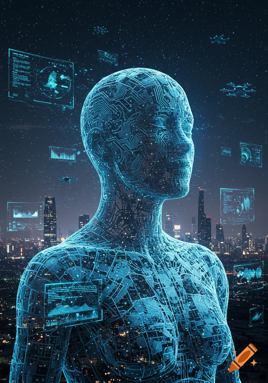 Glowing blue circuit board human figure overlooks futuristic cityscape with data screens and drones at night.