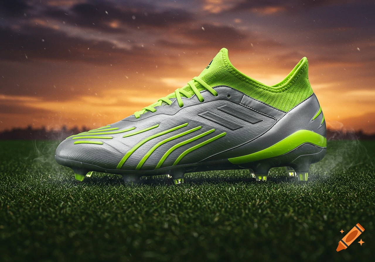A silver and lime green Adidas soccer cleat on a grassy field under a dramatic sunset sky.
