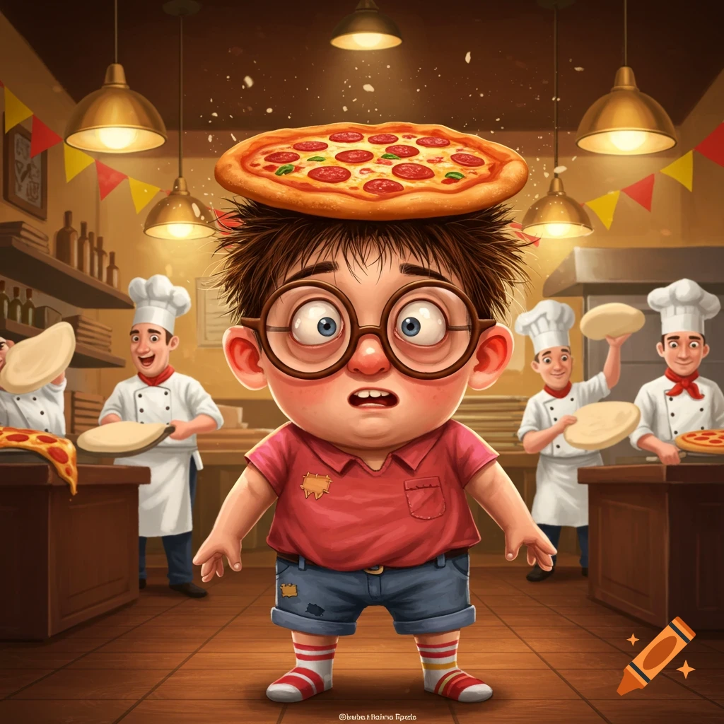 A wide-eyed cartoon boy balances a pepperoni pizza on his head in a bustling pizzeria with chefs making dough in the background.