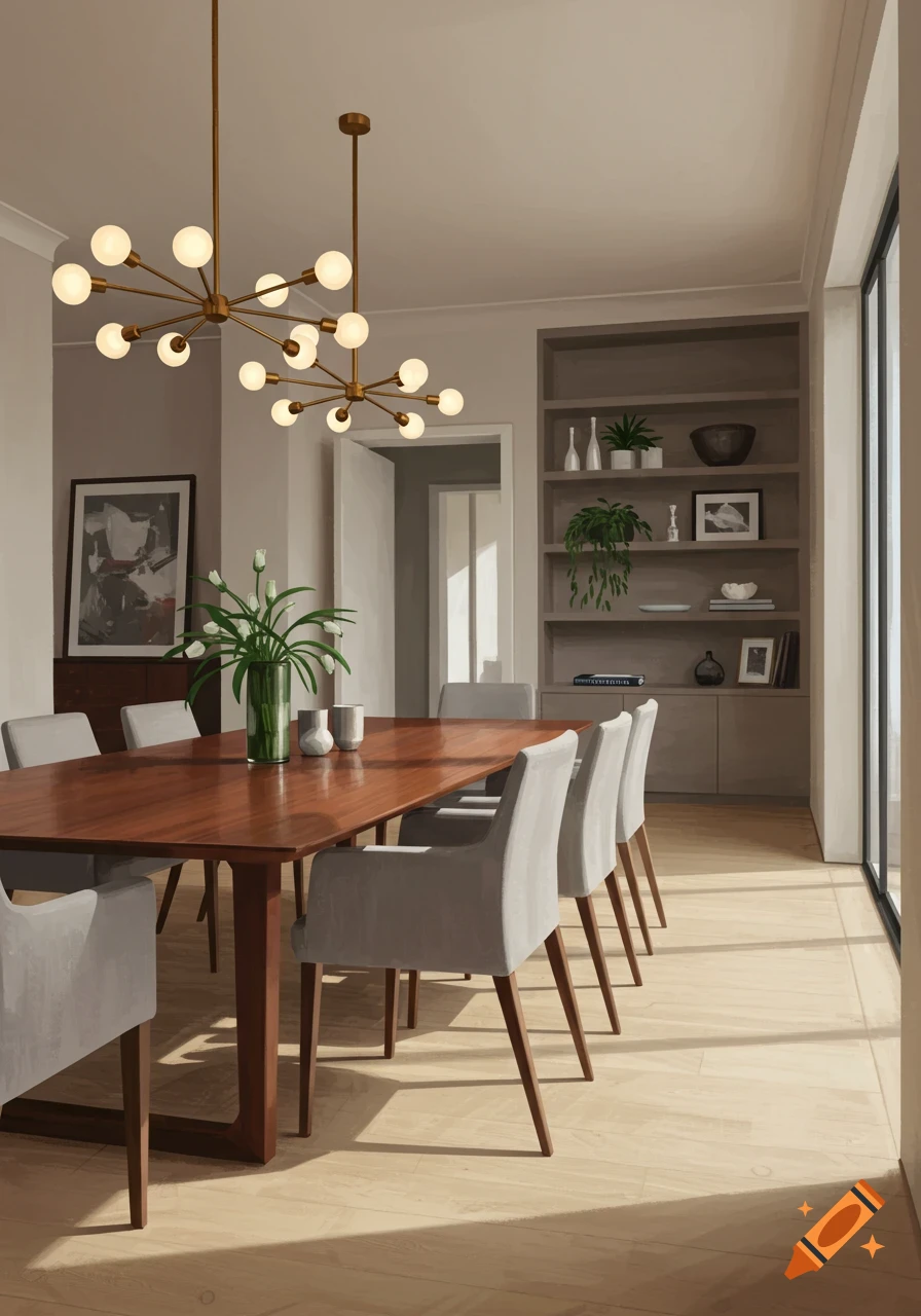 A modern dining room with a long wooden table, gray chairs, two sputnik chandeliers, a plant centerpiece, and built-in shelves.