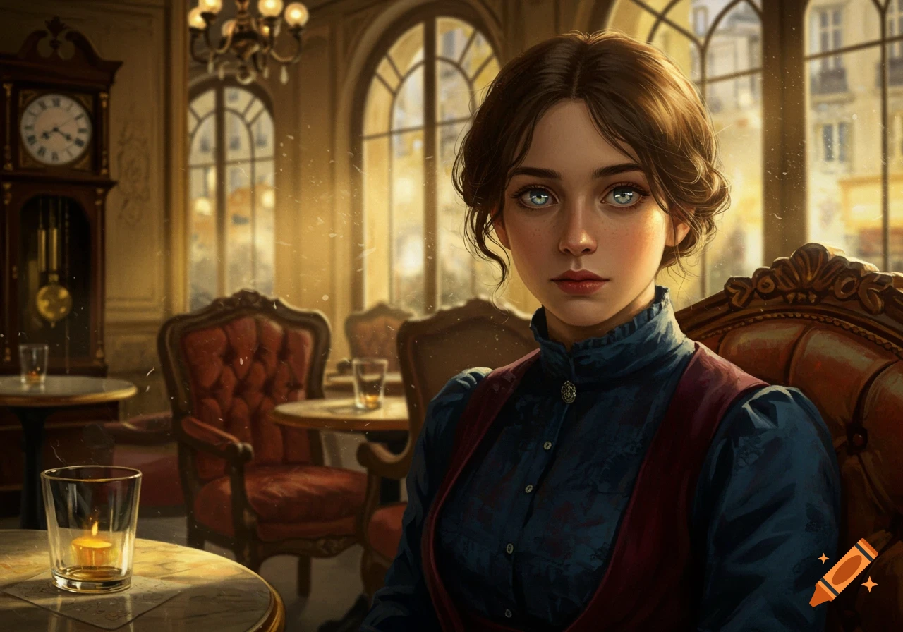A young woman with brown hair and striking blue eyes sits in an elegant, old-fashioned cafe, digital painting.