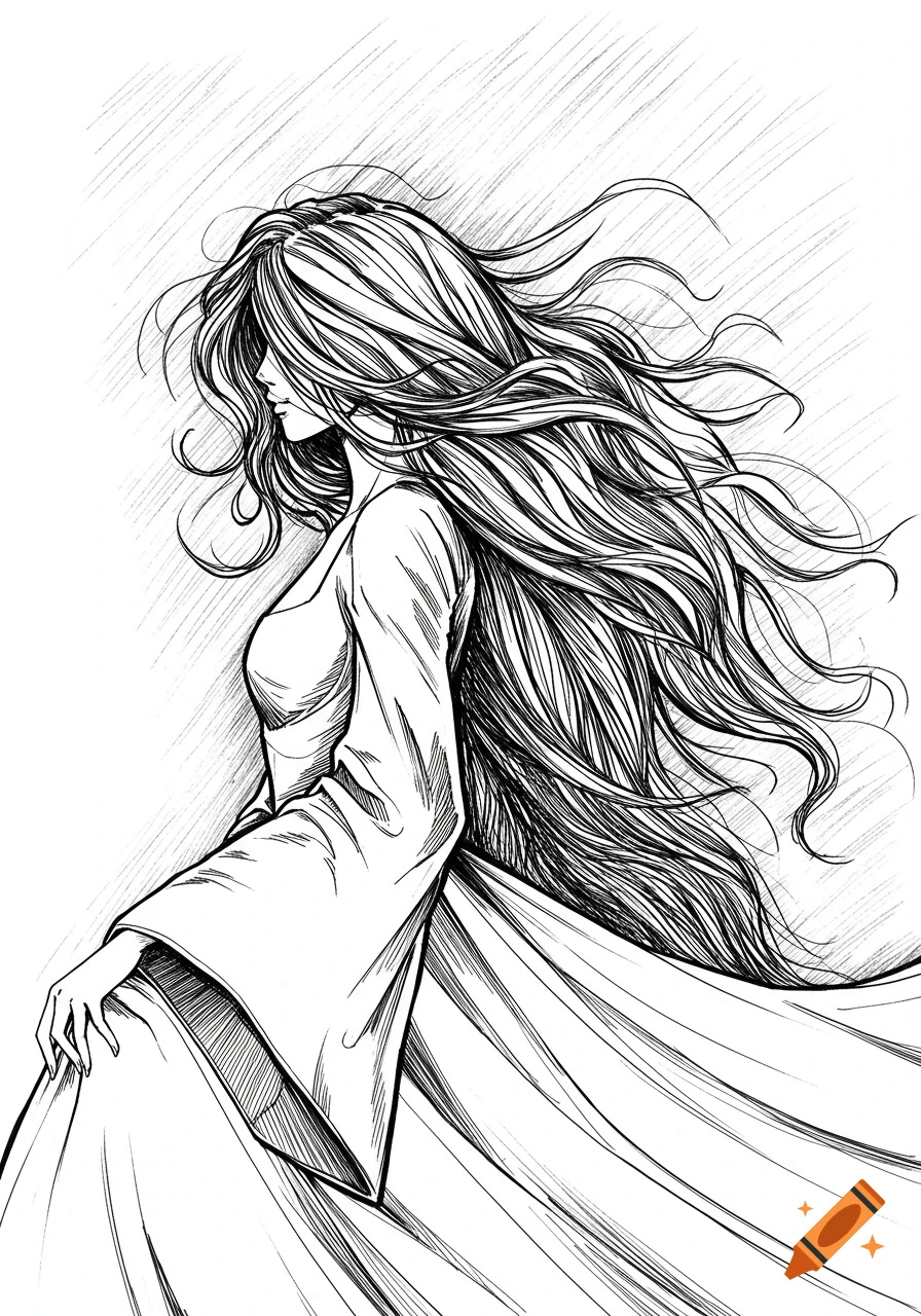 Black and white pen and ink sketch of a woman with long wavy hair covering her face, wearing a flowing noble gown.