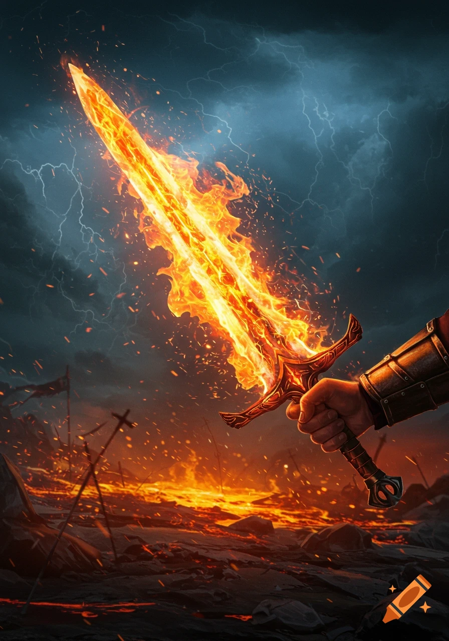 An armored hand grips a blazing sword against a stormy, lightning-streaked sky above a desolate battlefield with molten earth.