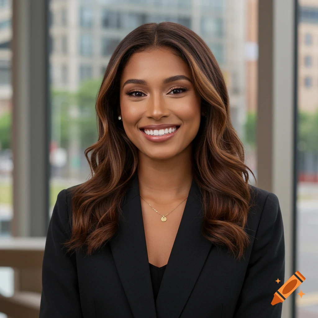 A smiling professional woman with long brown hair in a black blazer and gold necklace poses in a modern office building.