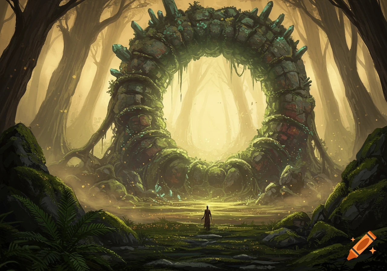 A lone figure stands before an ancient, moss-covered stone portal adorned with crystals in a mystical forest bathed in golden light.