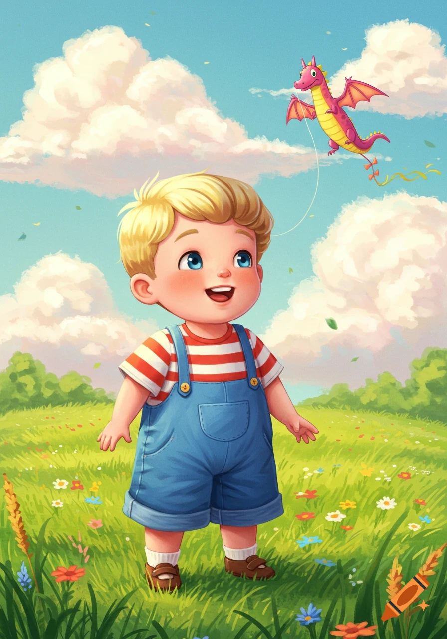 A happy blonde boy with blue eyes in overalls, flying a pink dragon kite in a sunny, green meadow under a blue sky, in a vibrant cartoon style.
