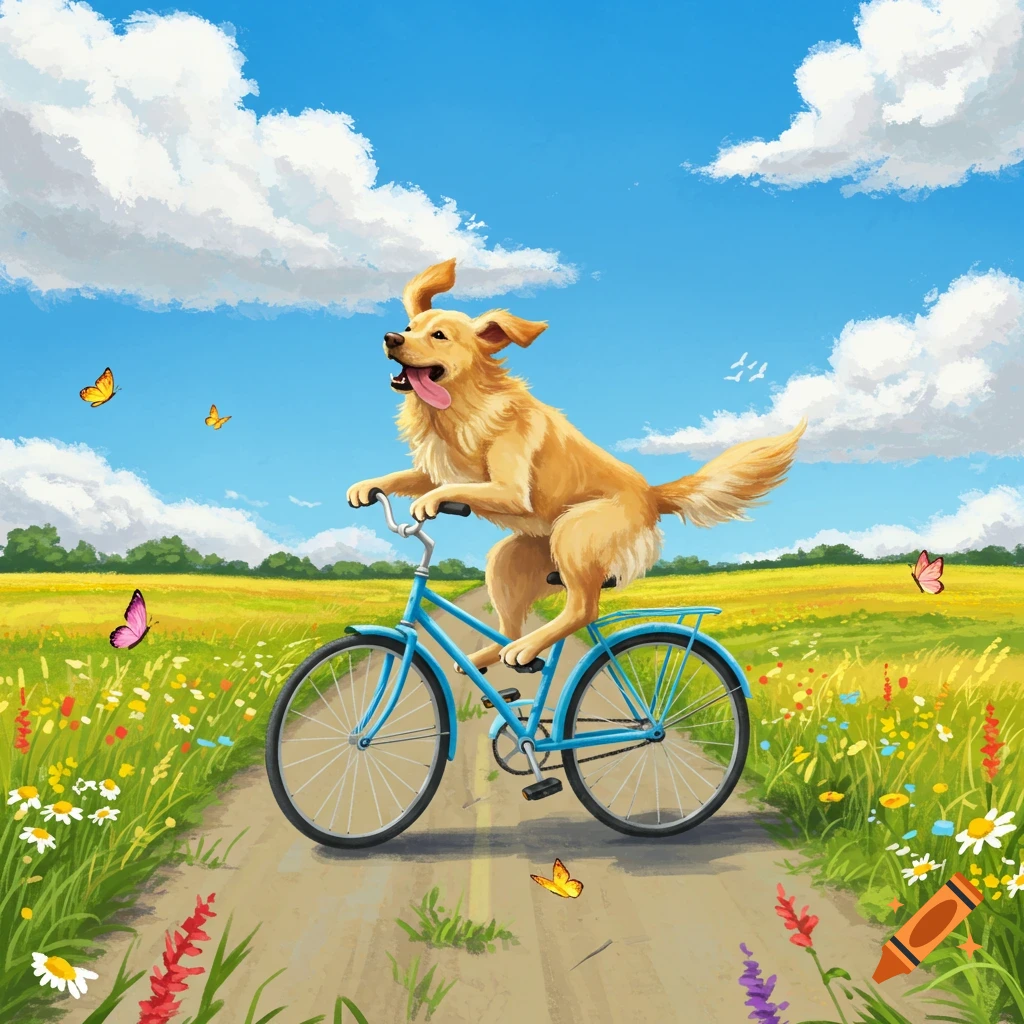 A happy golden retriever rides a blue bicycle down a dirt path through a vibrant green and yellow field under a blue sky with white clouds, with colorful butterflies.