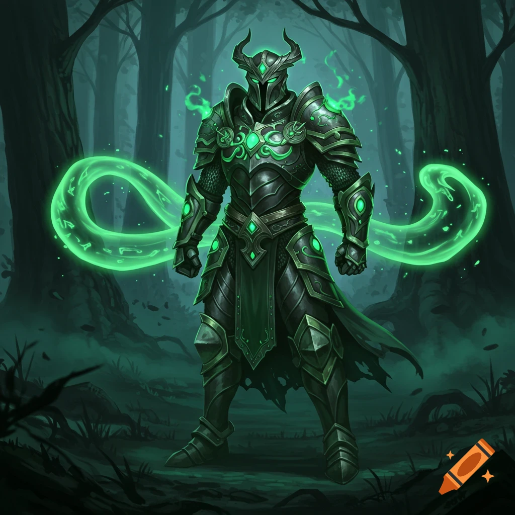 A dark armored knight with glowing green accents and swirling magic stands in a shadowy forest.