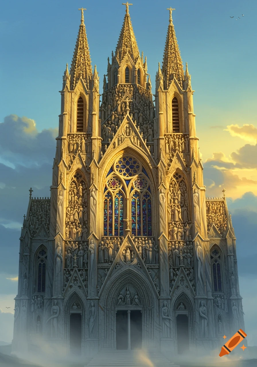 A grandiose Gothic cathedral with its walls intricately carved from countless human figures, under a dramatic sky with golden clouds.