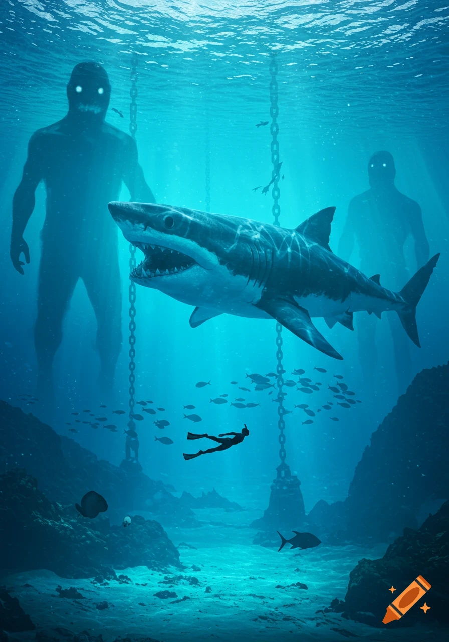 A great white shark and a diver in deep blue water, with two colossal, chained figures with glowing eyes looming in the background.