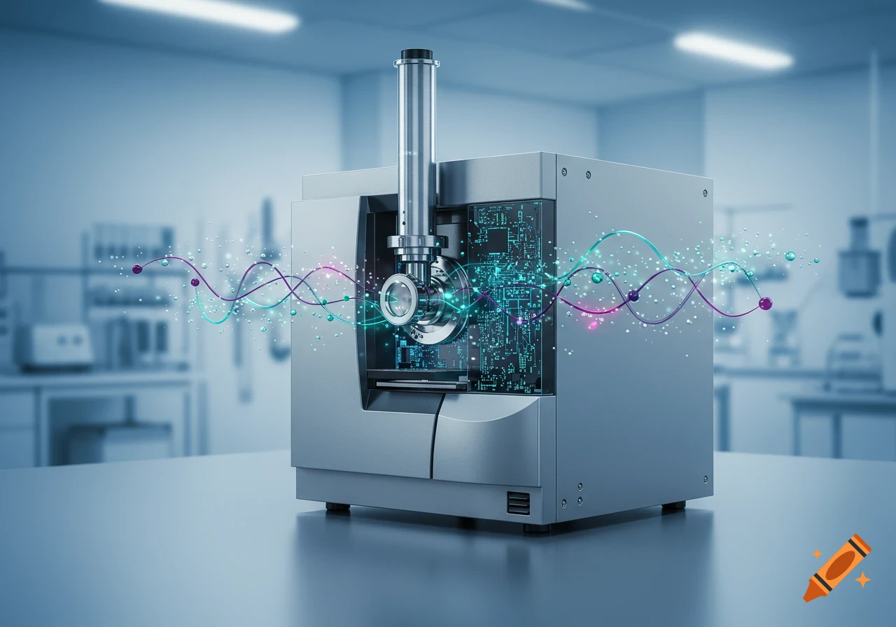 A modern mass spectrometer with glowing internal circuits and dynamic light patterns in a futuristic laboratory.
