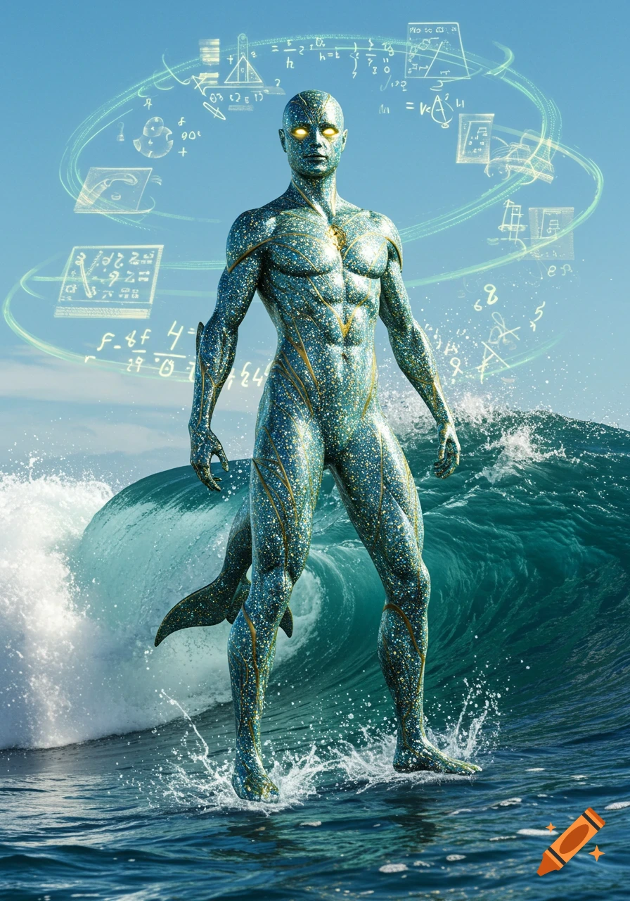 A muscular, half-dolphin, half-human superhero with blue and gold speckled skin stands in a wave, surrounded by glowing mathematical equations.