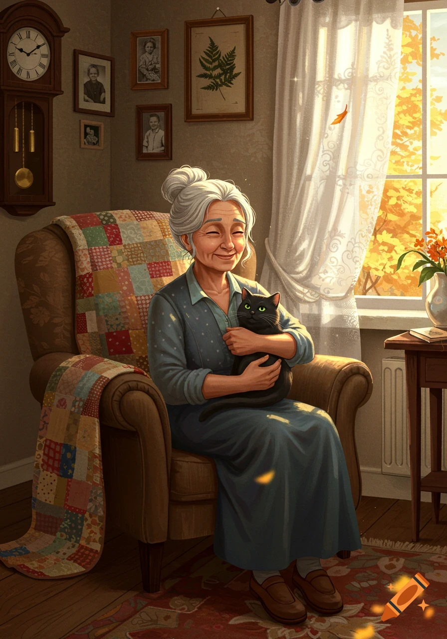 An elderly woman with white hair smiles, holding a black cat in a cozy armchair by a sunlit window with autumn trees outside.