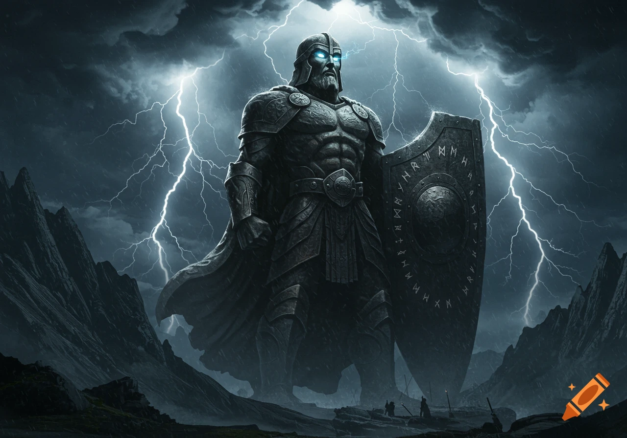 A giant, armored warrior with glowing blue eyes holds a runic shield amidst a stormy, lightning-filled mountain landscape.