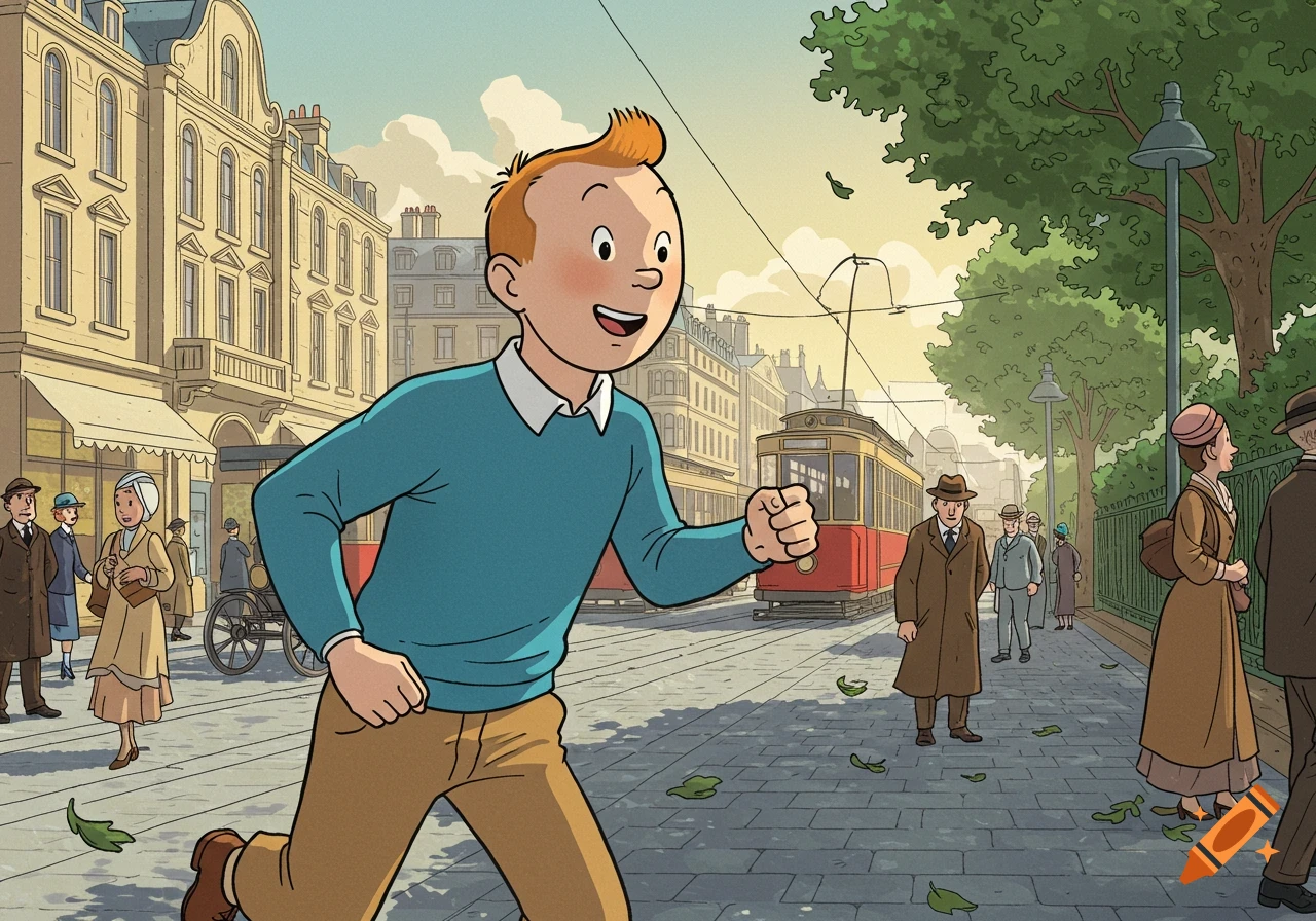 Tintin runs on a bustling city street with trams and pedestrians in the background, in a classic comic book style.