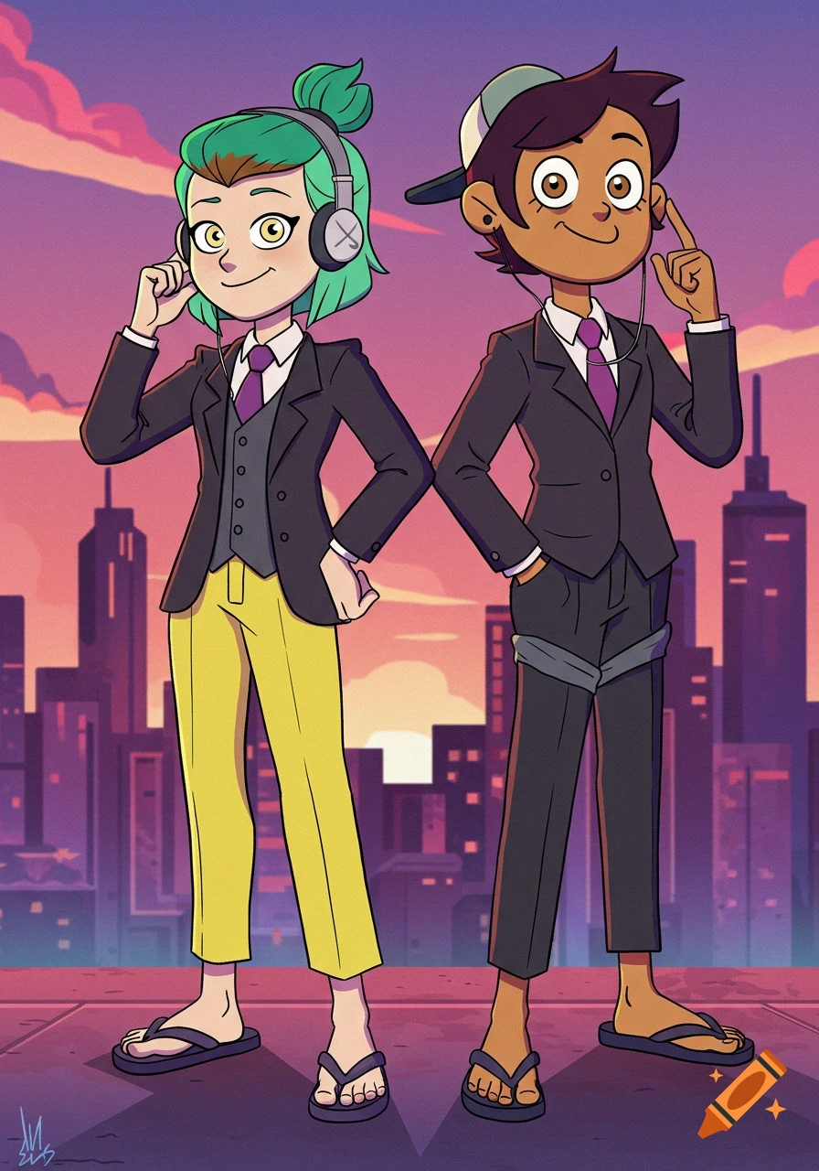 Luz Noceda and Amity Blight in suits and flip-flops, with headphones, against a city sunset in a cartoon style.