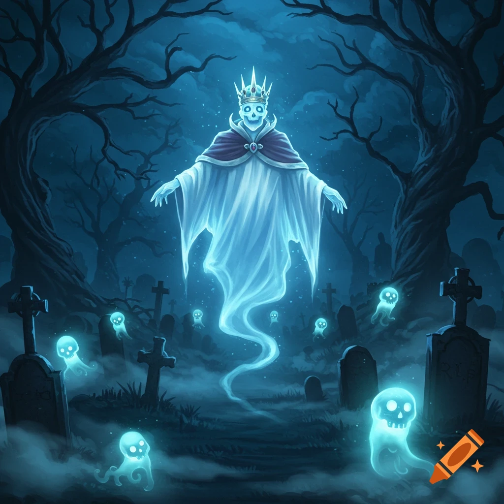 A glowing king ghost with a crown hovers in a foggy graveyard at night, surrounded by many small, blue skull-like ghosts. Digital art.