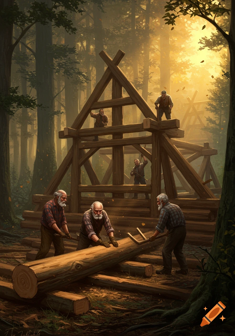 Elderly woodworkers constructing a timber frame building in a sunlit forest, moving logs.
