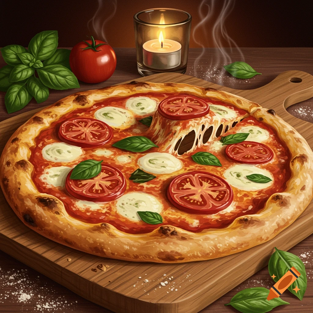 A photorealistic Margherita pizza with a slice being pulled, showing melted cheese, on a wooden board with basil, a tomato, and a lit candle.