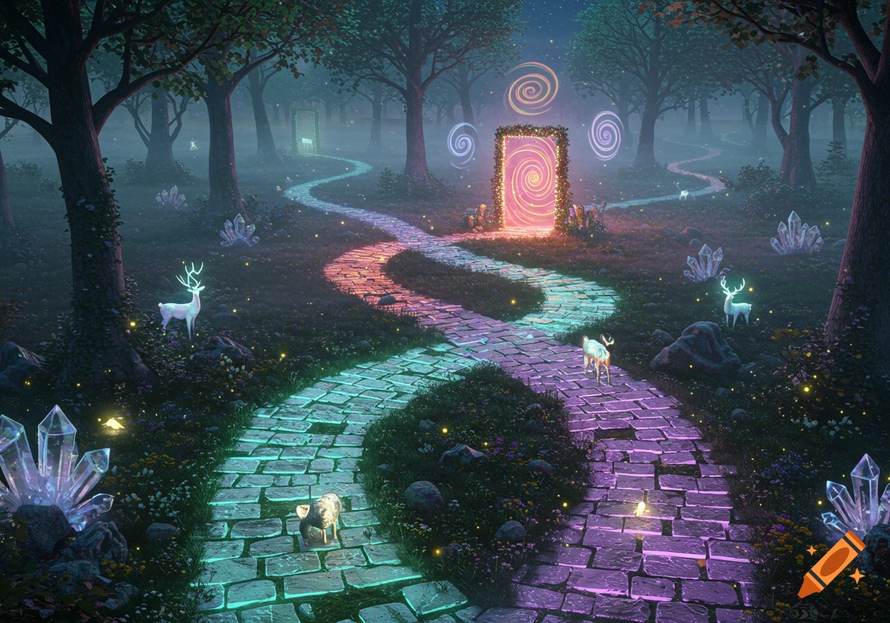 A mystical forest at night with two glowing, winding paths leading to luminous portals, surrounded by ethereal deer and glowing crystals.