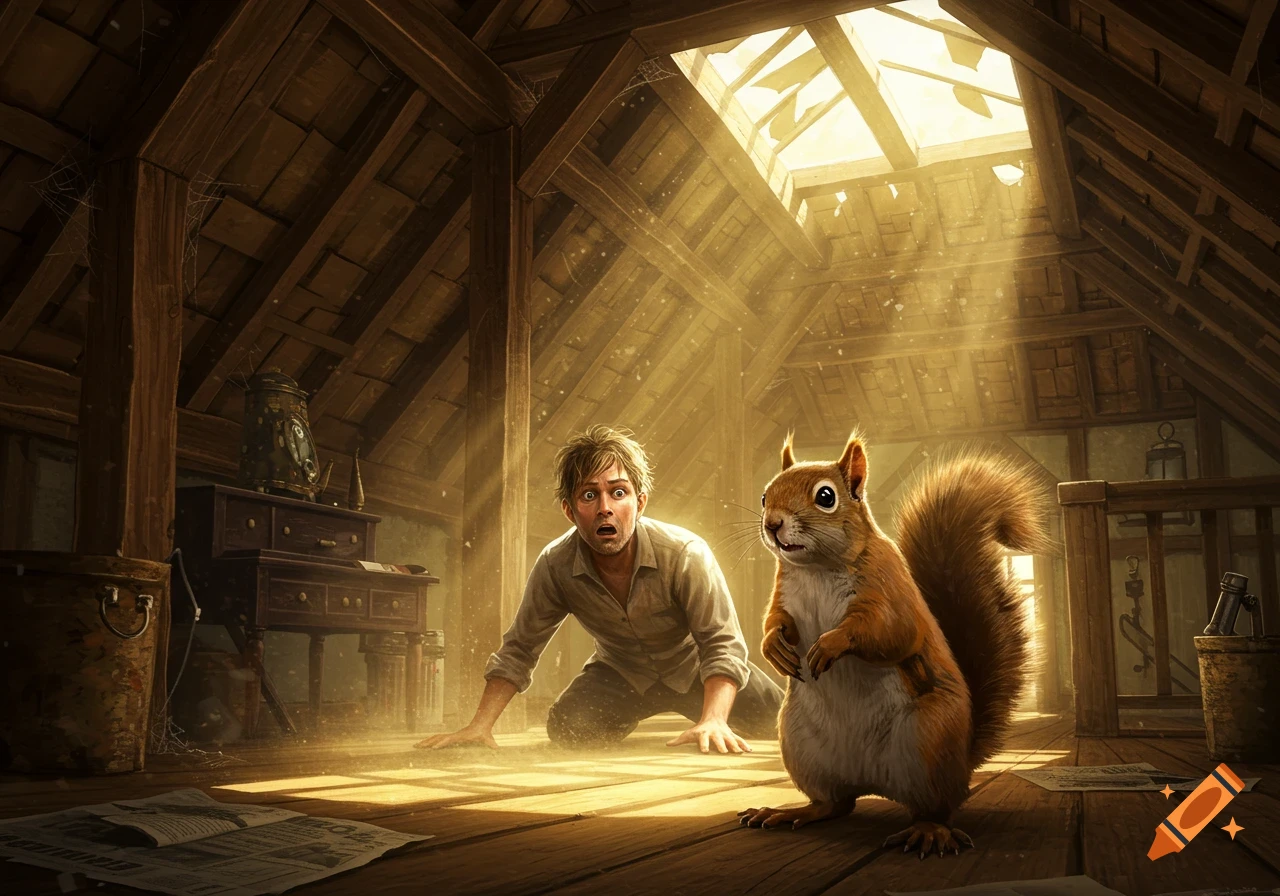 A man with a surprised expression kneels in a dusty, sunlit attic, looking at a squirrel standing upright in front of him.