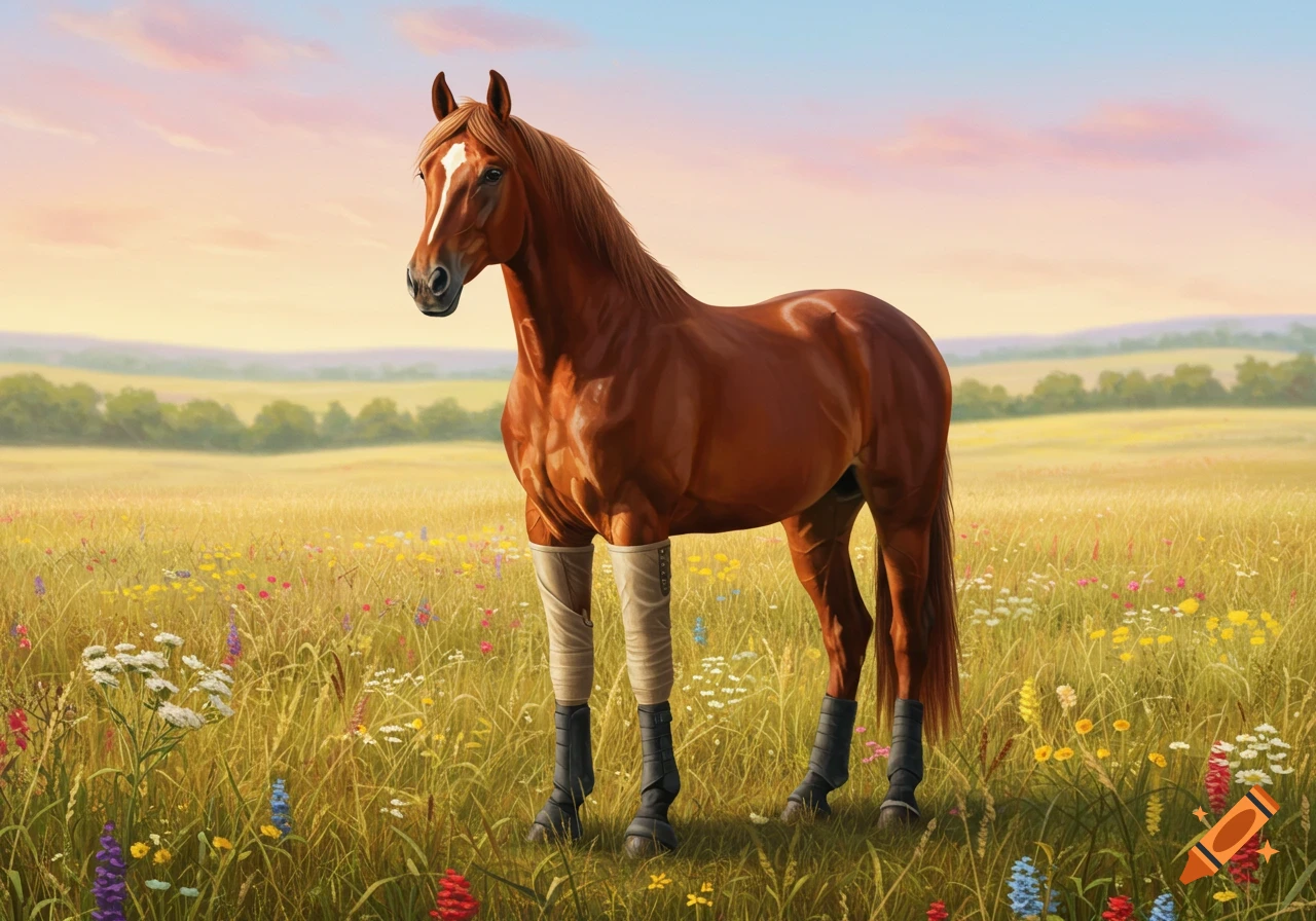 A brown horse with white leg coverings and black boots stands in a sunny field of wildflowers.