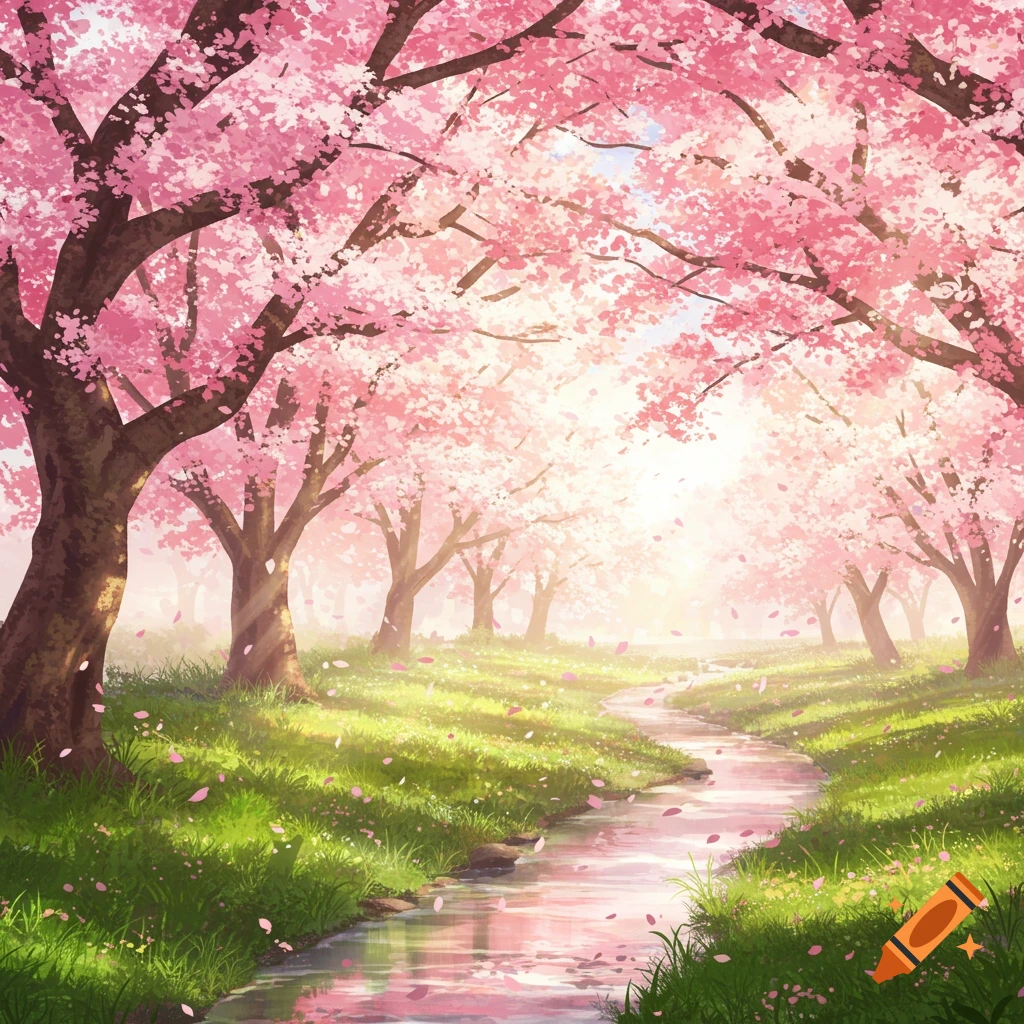 Anime illustration of a stream flowing through a lush green field under a canopy of pink cherry blossom trees with falling petals.