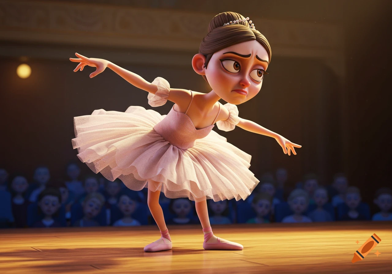 A sad-looking 3D animated ballerina in a pink tutu performs on a wooden stage in front of a blurry audience.