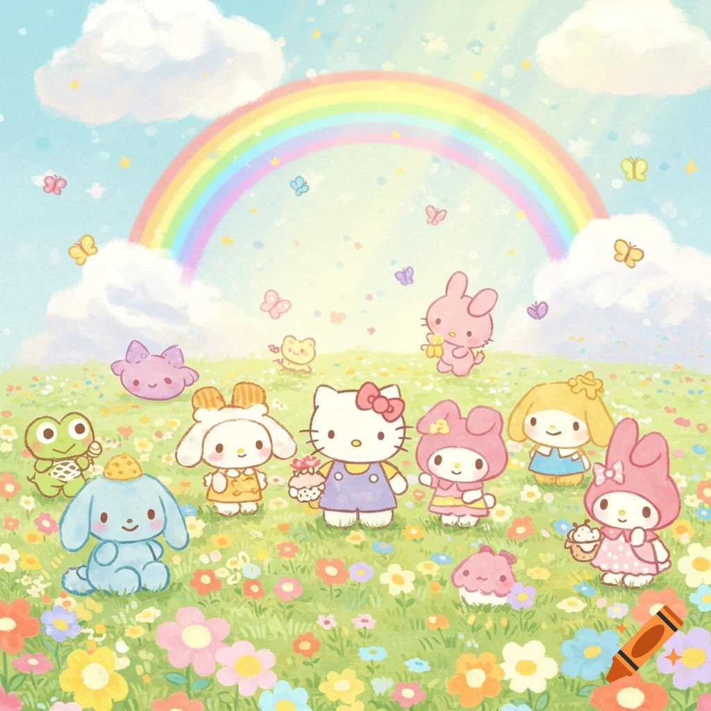 Sanrio characters like Hello Kitty, Cinnamoroll, and My Melody stand in a colorful flower field under a rainbow and pastel clouds, with butterflies.