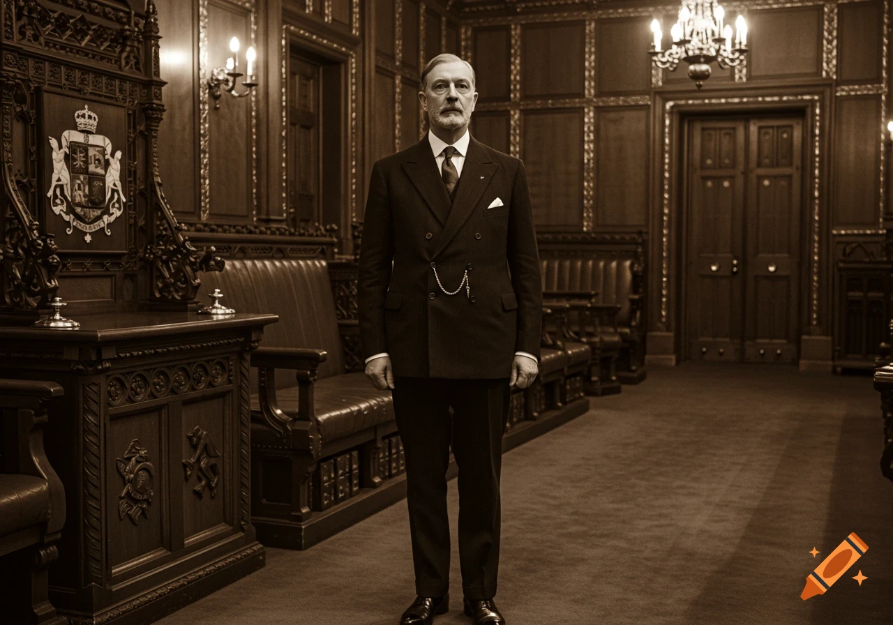 A man in a dark double-breasted suit stands formally in an ornate, wood-paneled room with a large crest on a chair to his left.