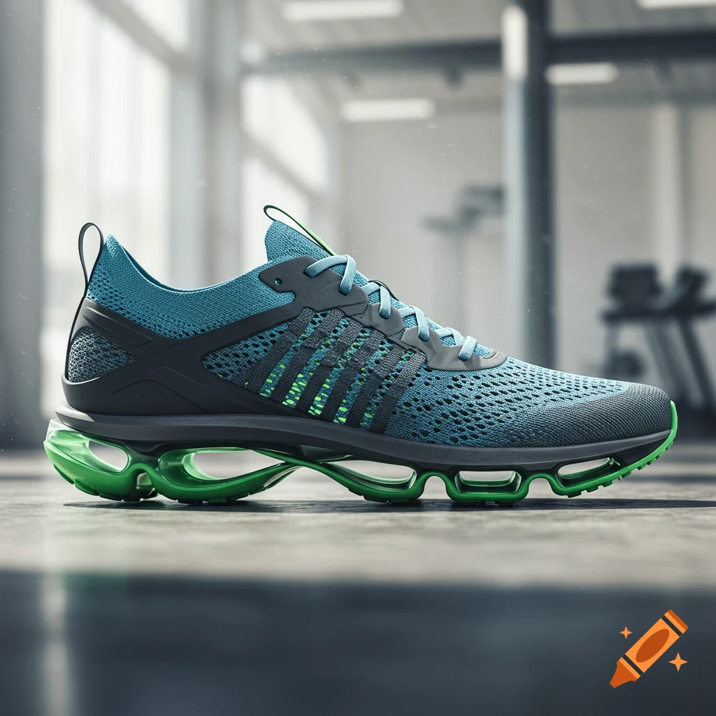 A blue and gray athletic shoe with bright green soles in a blurred gym background.