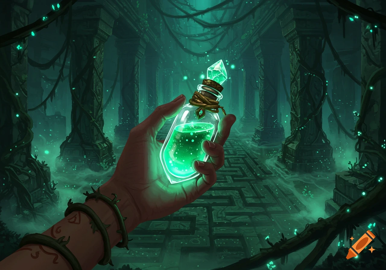 A hand holds a glowing green potion in a dark, ancient, overgrown labyrinth with pillars, in a fantasy art style.