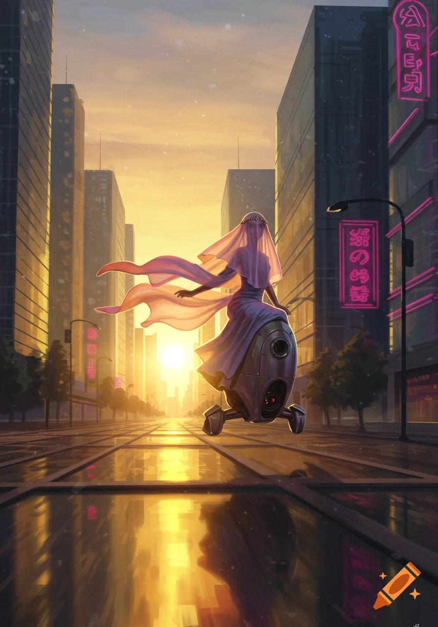 A veiled woman rides a futuristic gyropod on a wet city street at sunset, flanked by neon-lit skyscrapers.