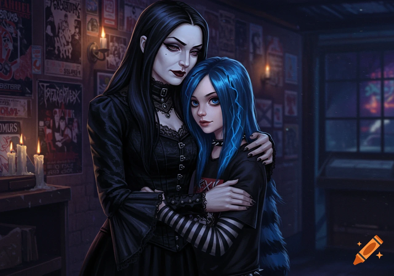 A goth lady embraces an emo girl with blue hair in a dimly lit room with band posters and candles, digital illustration.