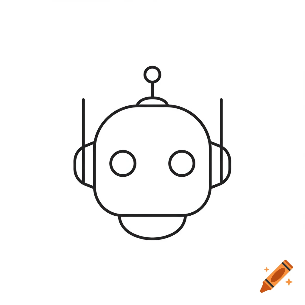 Simple black line art icon of a robot head with rounded features, two circular eyes, and an antenna.