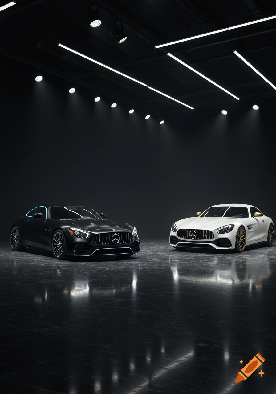 Black and white Mercedes-Benz sports cars parked in a dark, reflective studio with overhead lights.