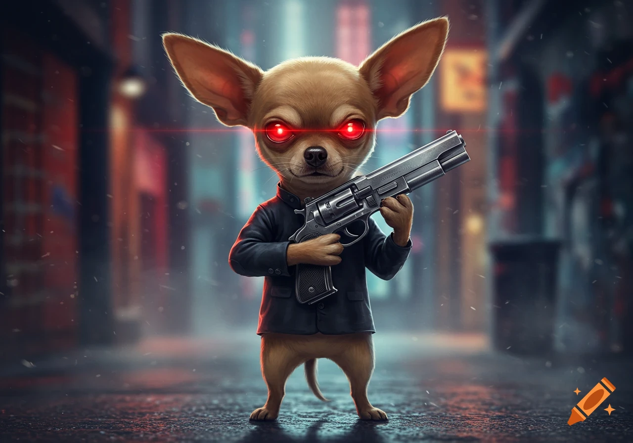 A stylized chihuahua with glowing red eyes, wearing a dark jacket, holding a silver revolver in a neon-lit cyberpunk alley.