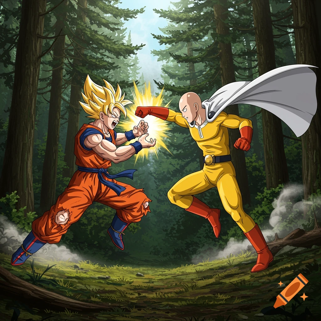Goku from Dragon Ball and Saitama from One-Punch Man fighting in a lush green forest.