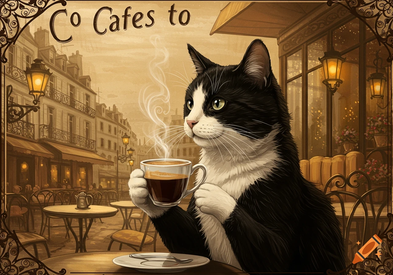 Vintage poster of a black and white cat holding a steaming coffee cup at an outdoor Parisian cafe table.