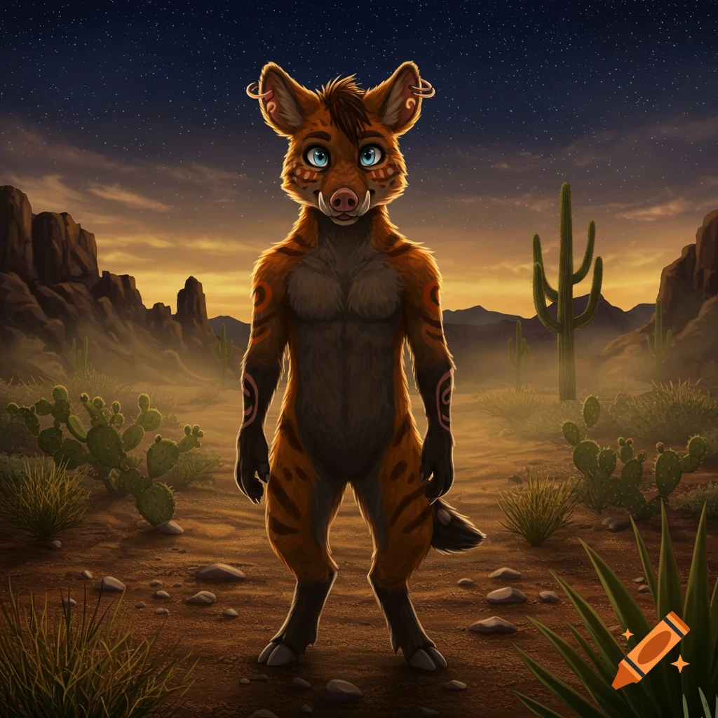 A stylized javelina furry character with brown fur and blue eyes stands in a desert landscape with cacti and mountains under a starry sunset sky.