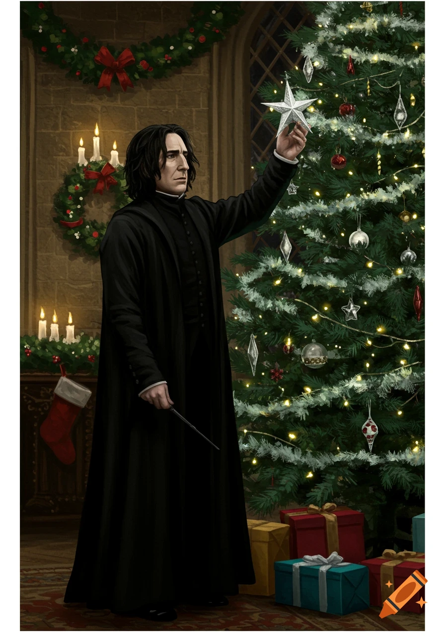 Illustration of Severus Snape placing a star on a Christmas tree, holding a wand, in a festive room with garlands and presents.