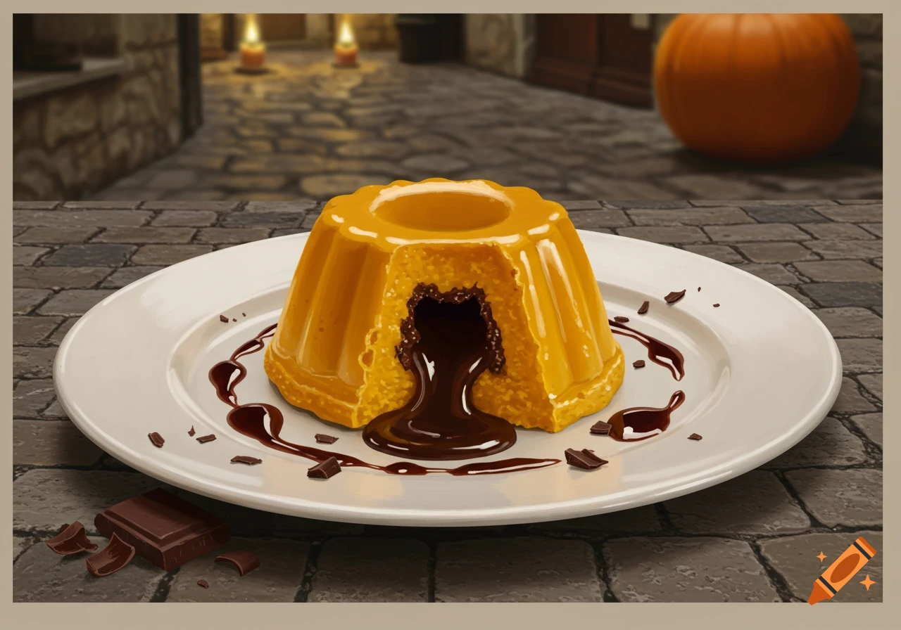 Pumpkin flan with chocolate lava oozing from its center on a white plate, with chocolate shards on a cobblestone table.