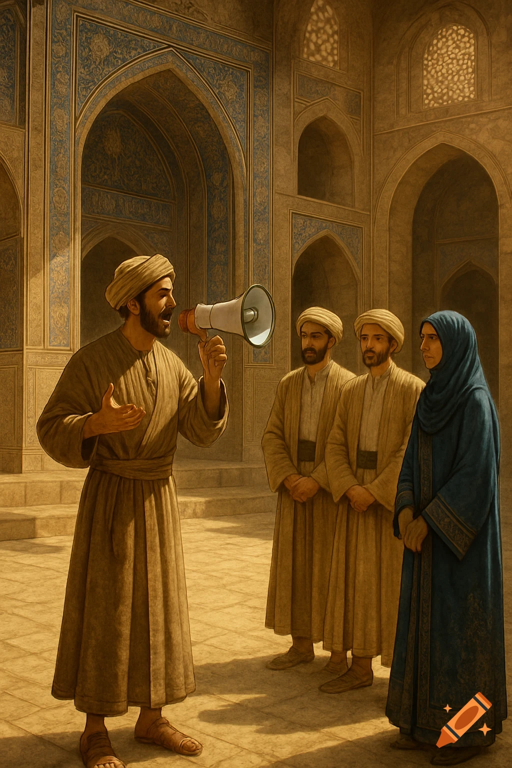 A man in Seljuk attire speaks into a megaphone in a madrasa courtyard, while three men and a woman listen.