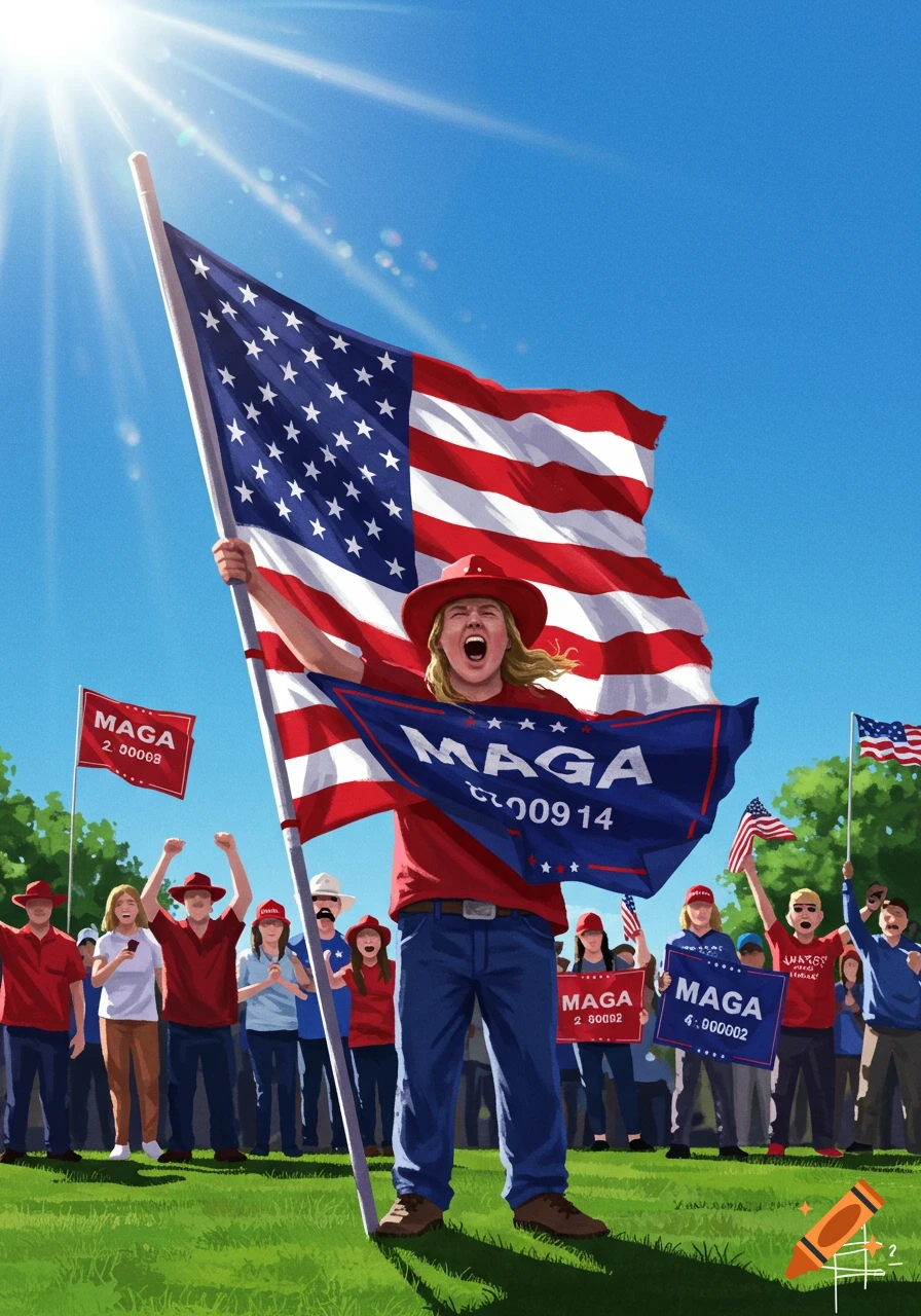 A person holding an American flag and a MAGA banner, surrounded by other supporters at an outdoor rally under a bright sun.