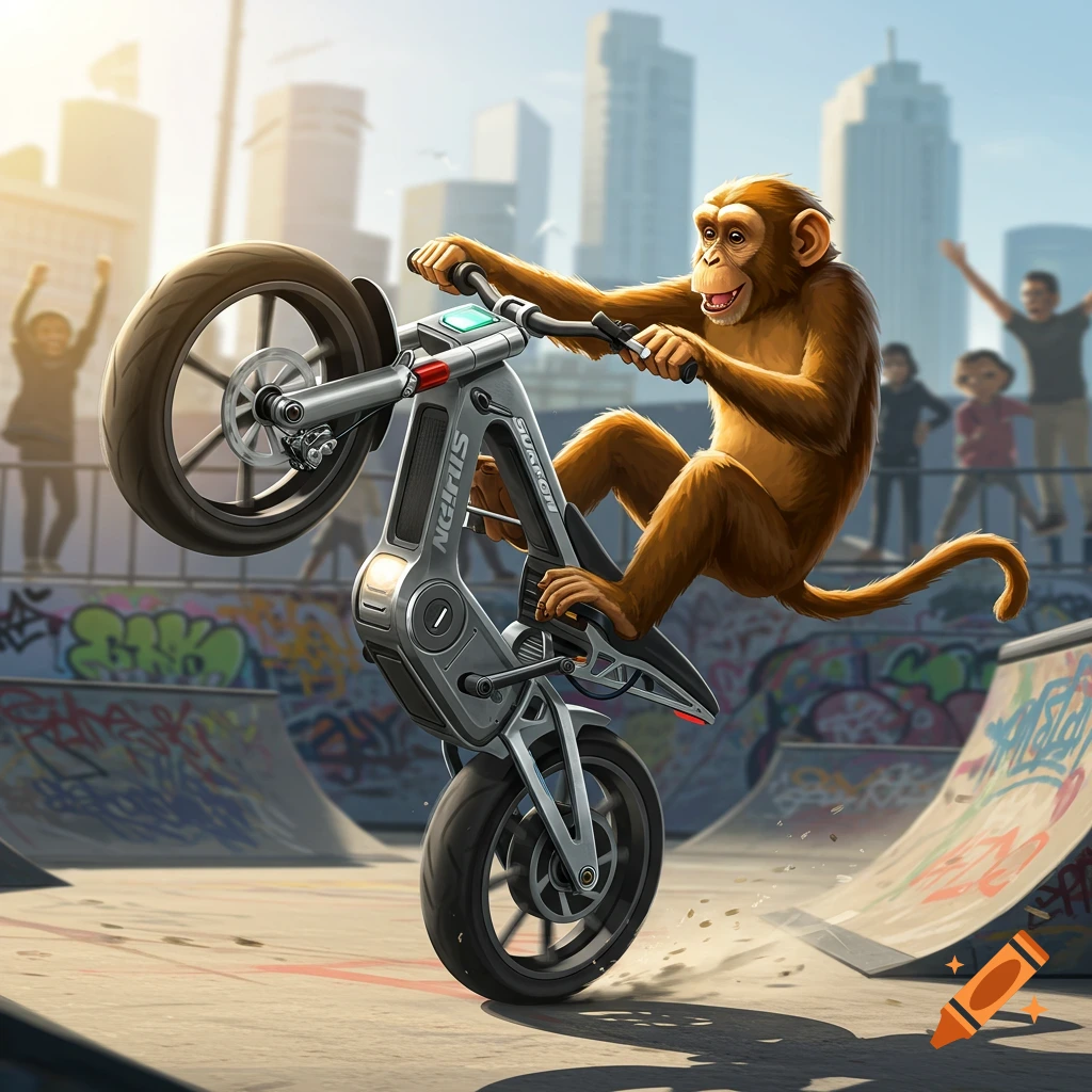 A cartoon monkey performs a wheelie on a Surron electric bike in a skatepark with a city skyline.